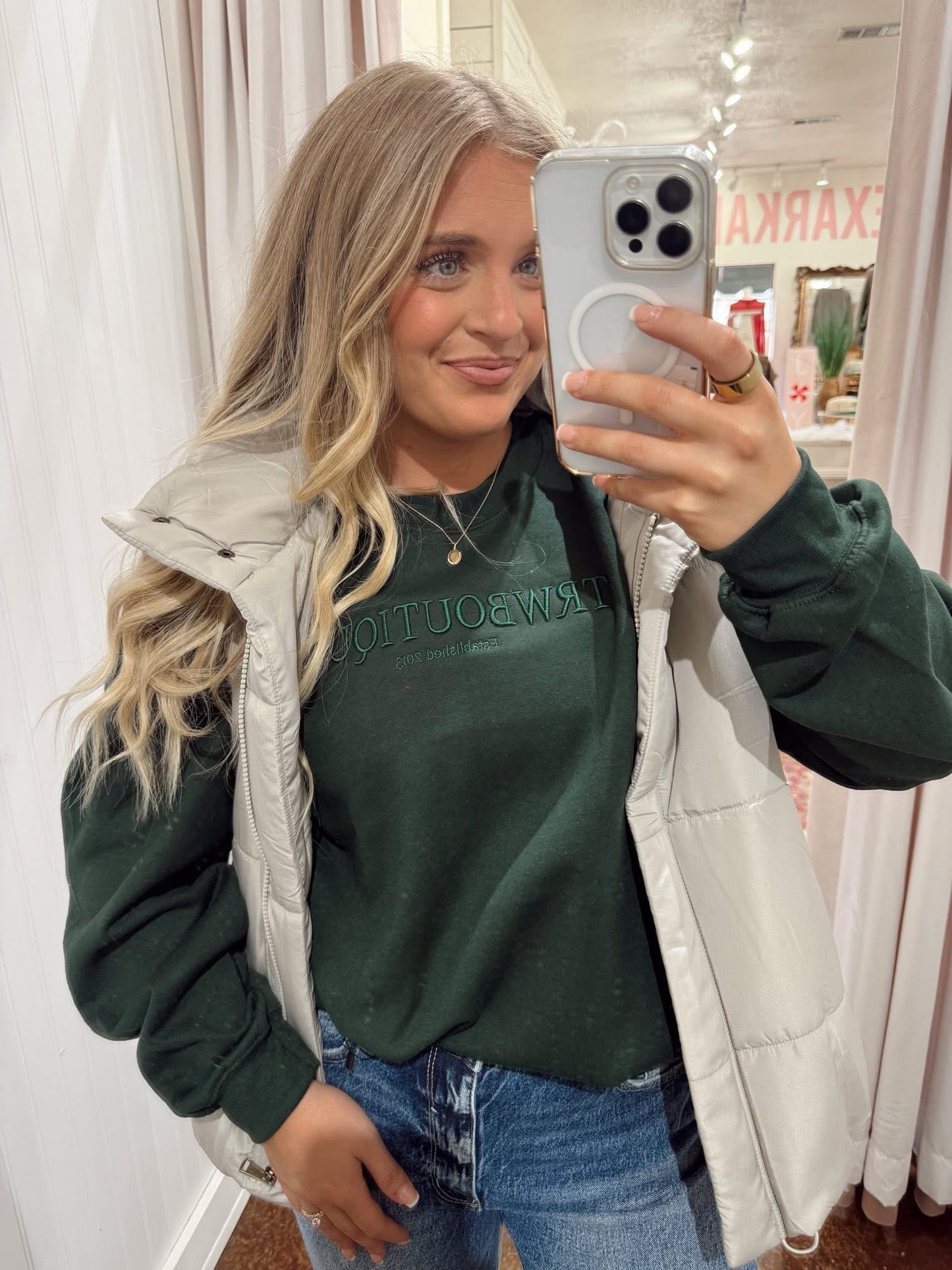 Tuesday Special- Baby Pink or Forrest TRW Boutique EST Embroidered Sweatshirt