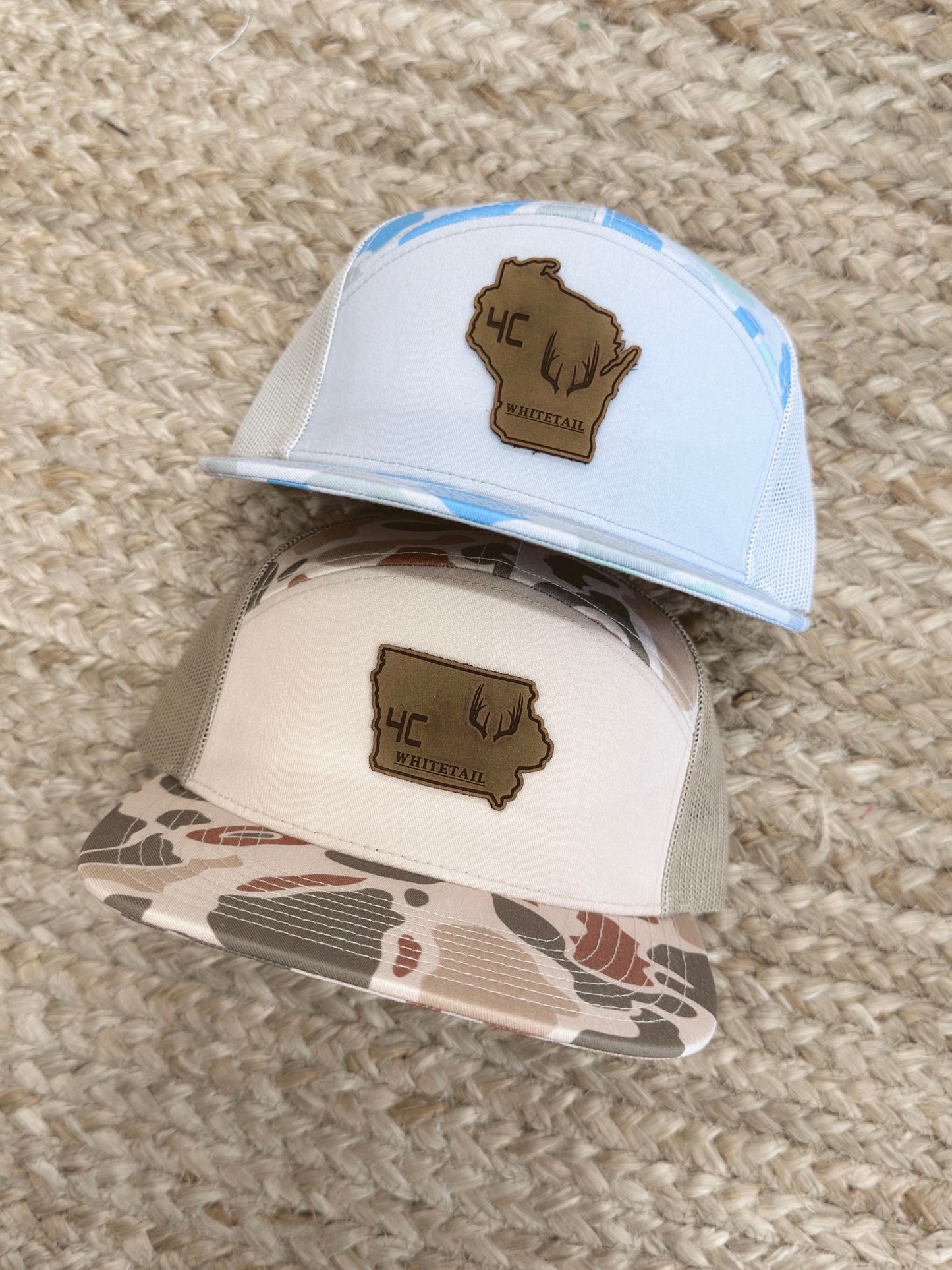 4C Whitetail State Leather Patch Camo Hats- WI, IA
