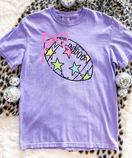 Tuesday Special- ADULT Bow Football Outline Stars Violet Tee